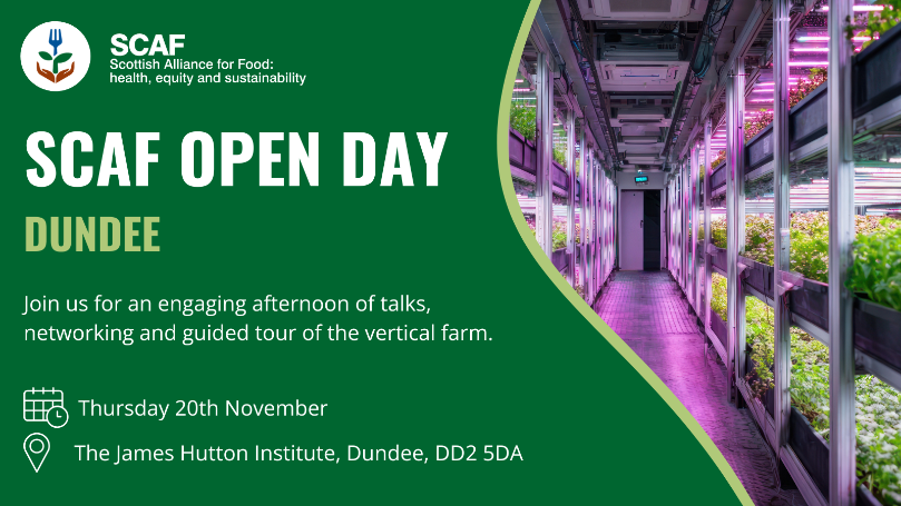 Flyer for the SCAF Open Day in Dundee on 20th November 2025 showing a picture of a pink-lit vertical farm growing lettuce