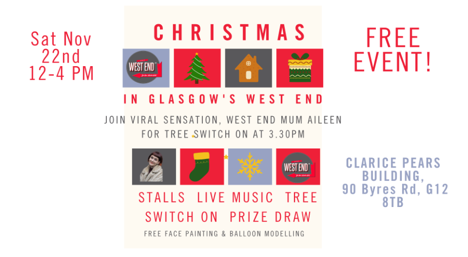 Flyer advertising a Christmas event in Glasgow's west end on 22nd November