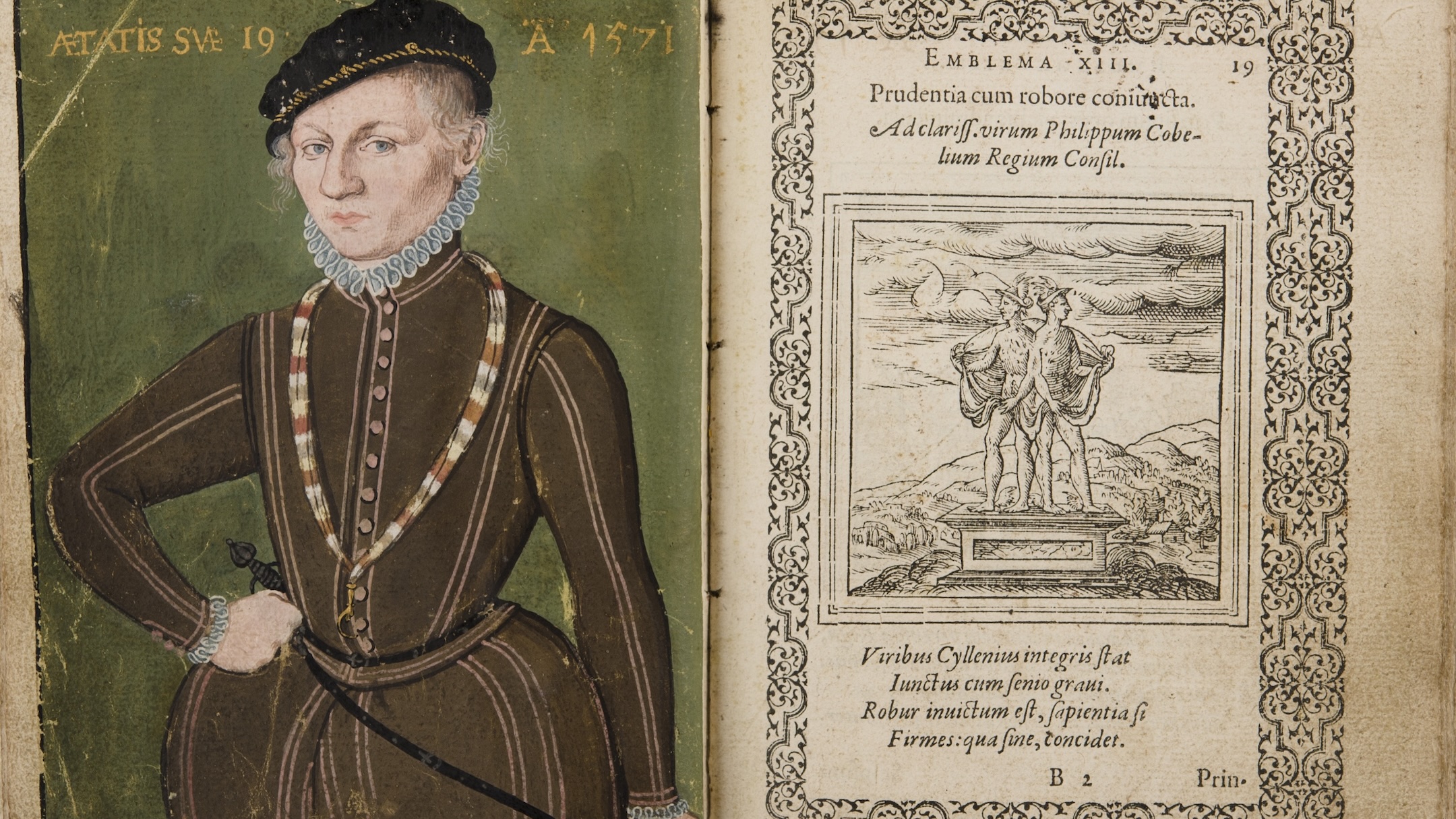 a three-quarter length portrait of a young man in brown doublet and hose, decorated with purple/pink beading/braid with a narrow ruff and cuffs, standing with fist on hip, dagger hilt visible behind, and another hand on the hilt of his sword. He wears a black cap with gold braid. Painted against a green background with text in gold paint reading: 