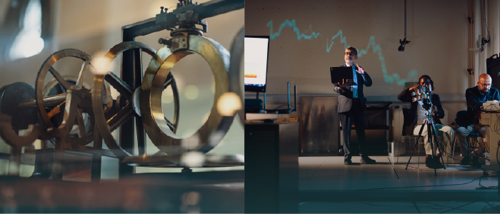 Split image with Lord Kelvin equipment on one side and Prof Muhammad Ali Imran and four colleagues working on laptops and a camera in a lap/white room