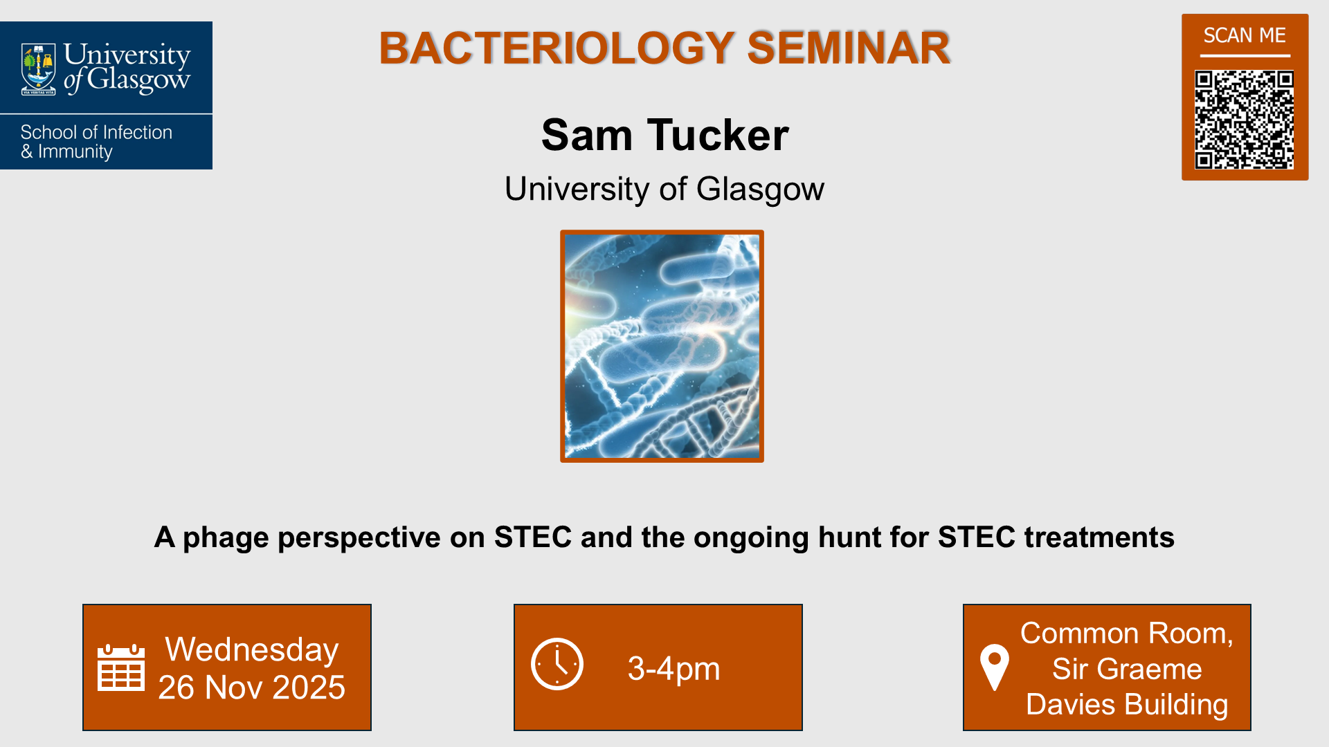 Bacteriology seminar flyer, Sam Tucker, of which the date, time and location are in the accompanying text