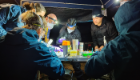An image of six members of the Streicker Group conducted research in the field at night. They are huddled together around a table and under a canopy, with the dark night lit my artificial light.