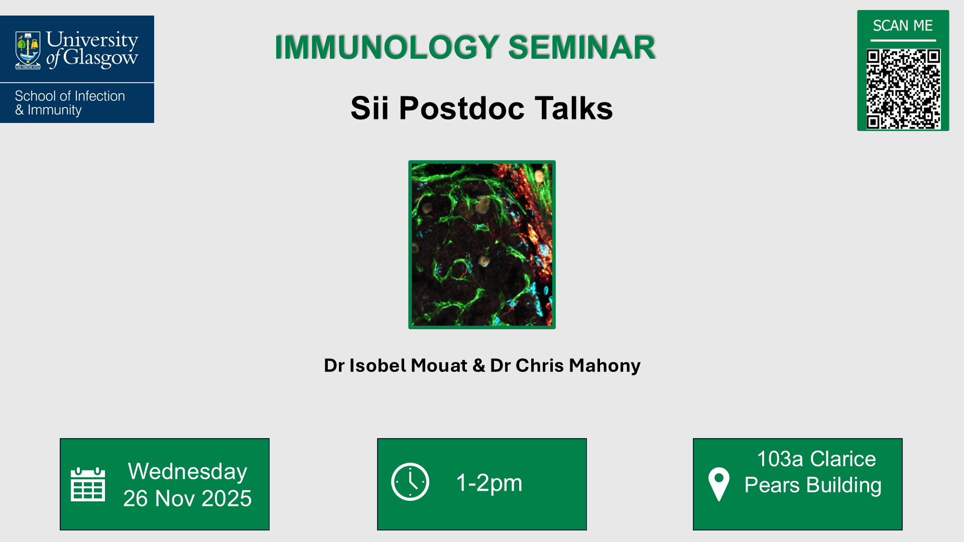 Flyer for immunology seminar, postdoc talks, of which the date, time and location are included in the accompanying text