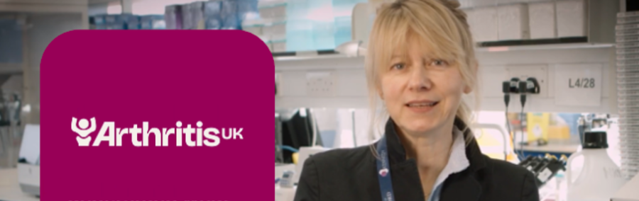 An image of  Professor Mariola Kurowska-Stolarska in the lab addressing the camera during a video interview. Beside her is a burgundy graphic box including the Arthritis UK