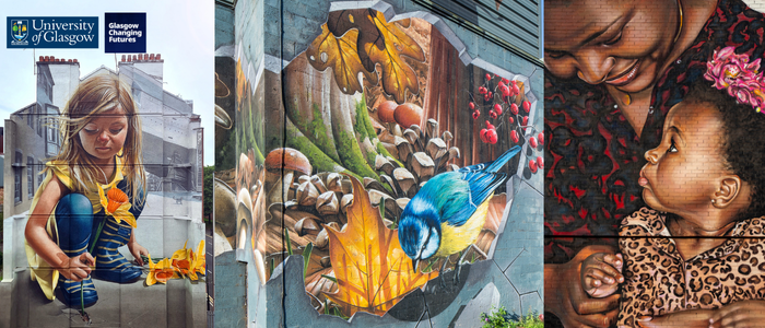 Colourful painted murals with the University of Glasgow and Glasgow Changing Futures logos