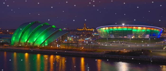 A photo of UofG taken from the River Clyde with the Hydro and SEC venues also visible