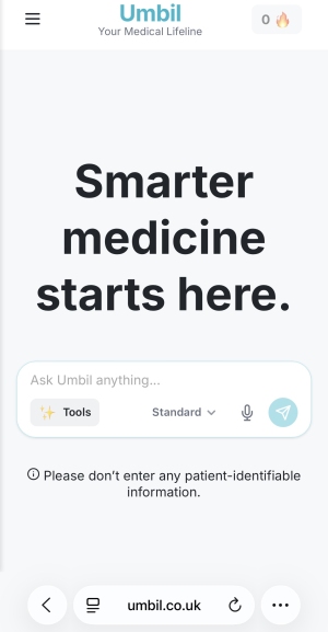 The loading screen for Umbil app, with a search option and text reading Smarter medicine starts here.