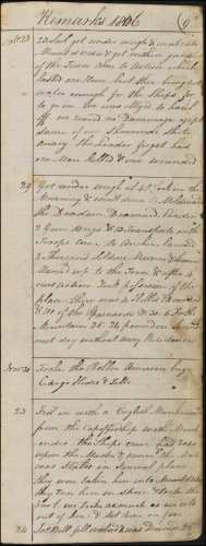 The ninth page from Andrew Service's logbook recording events on board HMS Medusa. This page, dated 1806, covers the period from 23rd October to 24th November 1806, and continues recounting the engagement with the Spanish around Montevideo, Uruguay.  (GUAS Ref: UGC 182. Copyright reserved.) 