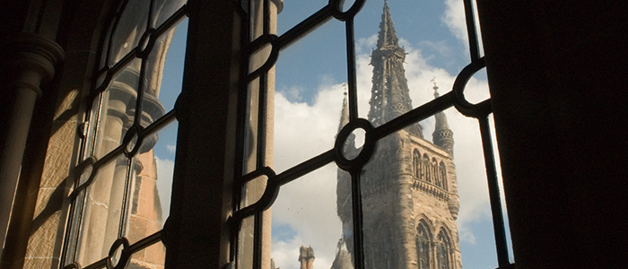 Glasgow University tower through windows