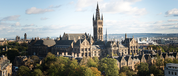 high shot of Glasgow University campus and main building