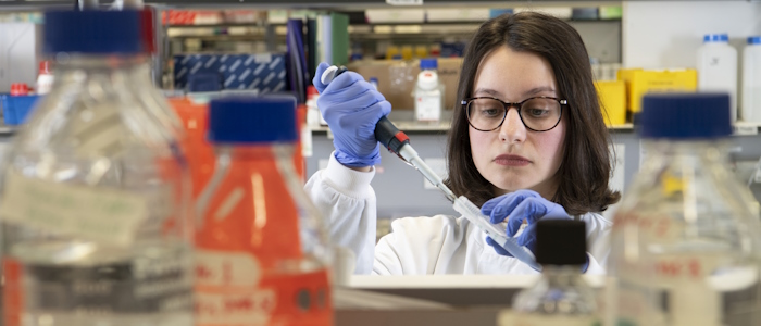Researcher handling test samples