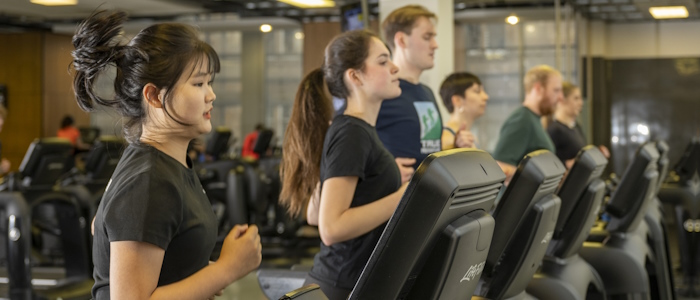 Students exercising on gym running machines