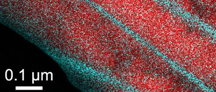Elemental map showing iron (red) and carbon (blue) separation in a processed steel