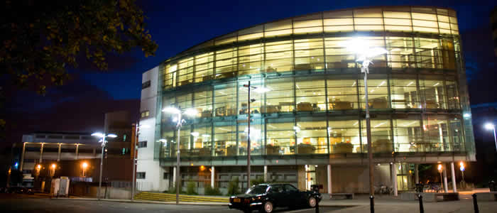 Wolfson medical school building at night