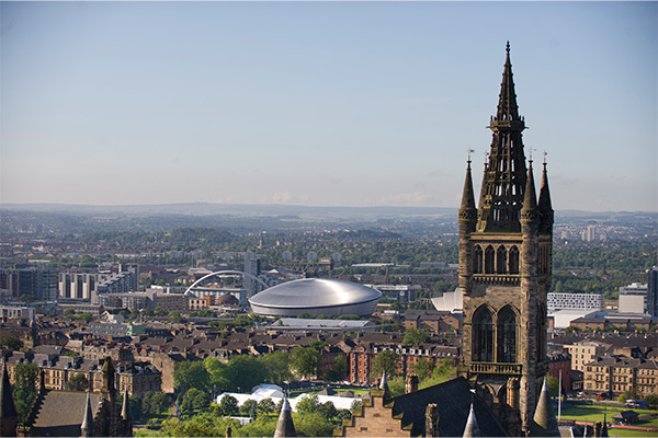 Main building of the University of Glasgow with city on background