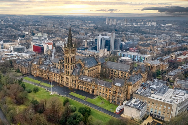 Drone eagle eye view of the main building and the west end of glasgow