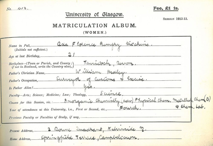 Ada Hitchins Matriculation Slip