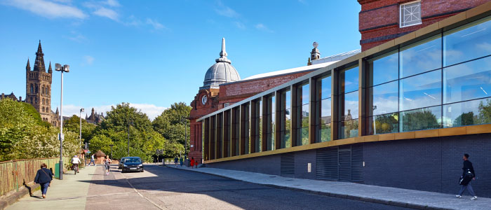 The side of Kelvin Hall with the University Tower in the distance