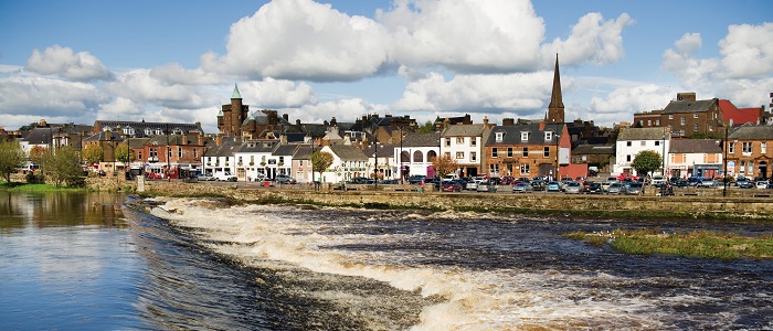 River Nith in Dumfries with buildings on Whitesands