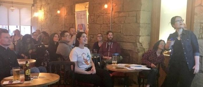 Dr Ruth Lewis, Research Associate presenting at the Pint of Science, an international science festival that takes place in pubs and bars across the globe over three days each May. 768x527px