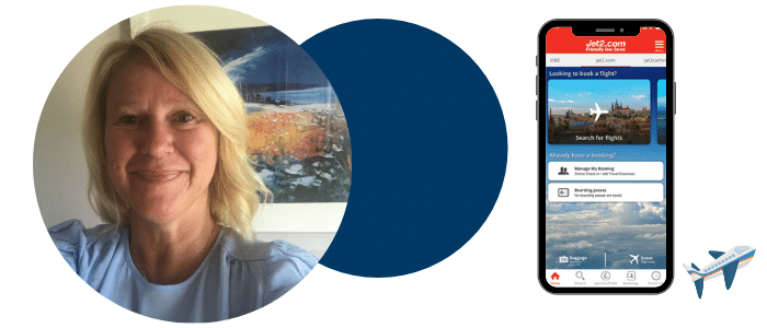 A person and a photo of the Jet2 holiday app