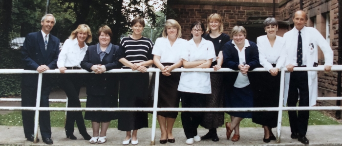 Staff outside the Diabetes & Endocrinology Centre at the Victoria Infirmary, 9 August, 1994: Dr Colin Kesson (left), Dr Stefan Slater (right).