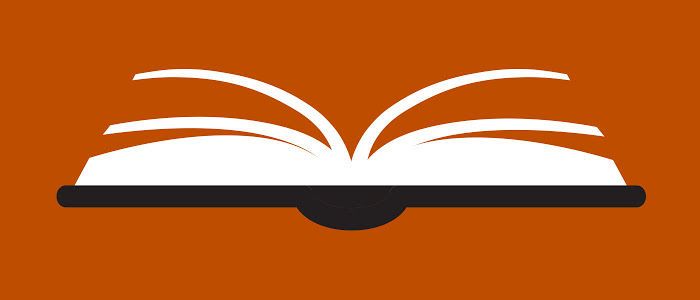 Decorative graphic depicting an open book on an orange background