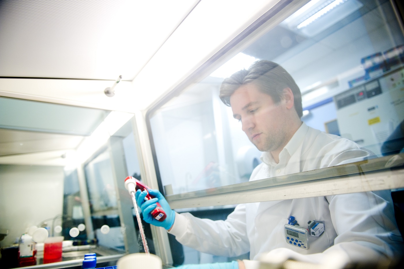 Male PhD student in a laboratory, Wellcome Trust PhD Programme, University of Glasgow