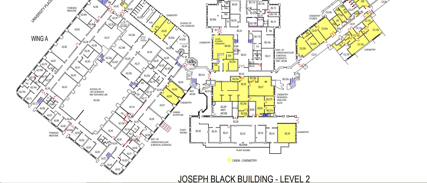 Map showing the layout of the individual rooms on level 2 of the Joseph Black Building