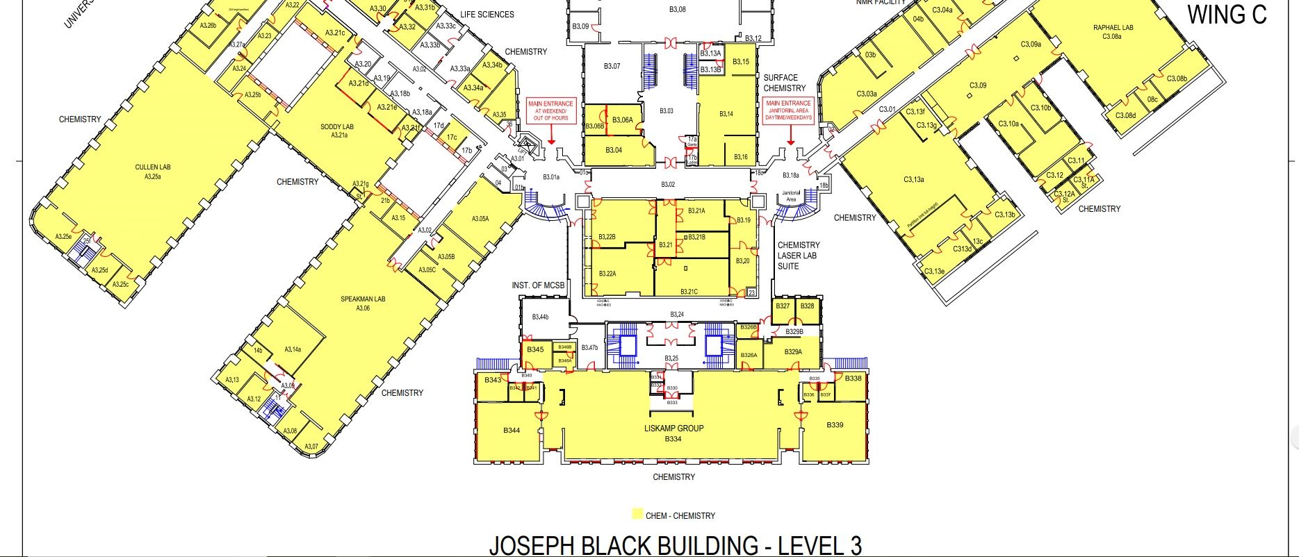 Map showing the layout of the individual rooms on level 3 of the Joseph Black Building