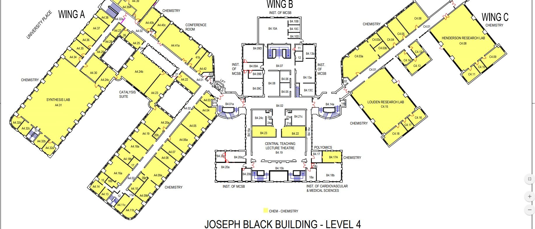 Map showing the layout of the individual rooms on level 4 of the Joseph Black Building