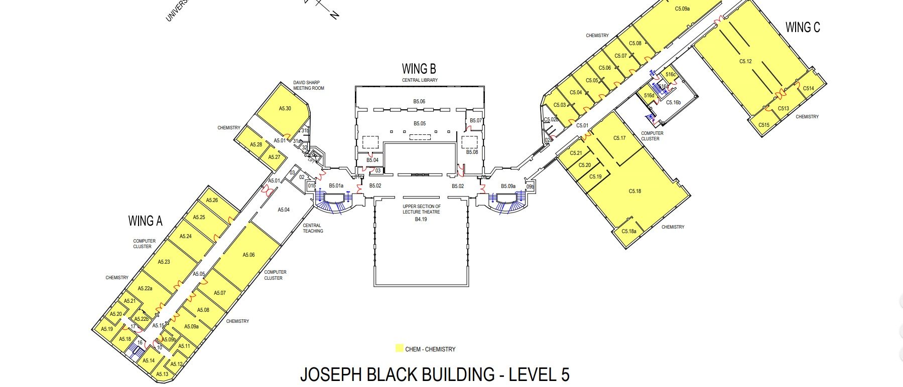 Map showing the layout of the individual rooms on level 5 of the Joseph Black Building