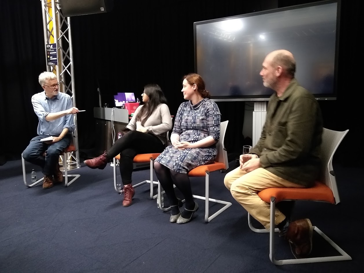 Richard Coyne moderating the panel consisting of Pooja Katara, Rachel Cruise, and Jimmy Loizeau