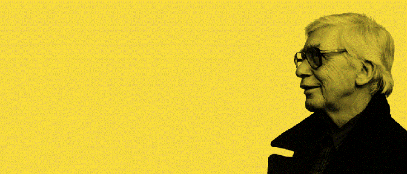 image of poet Edwin Morgan on yellow background