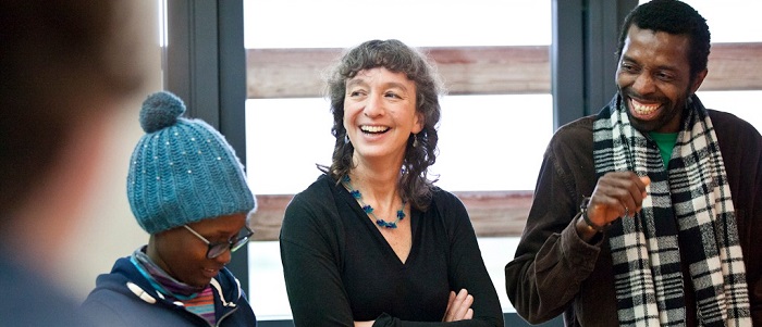 Professor Alison Phipps, UNESCO Chair in Refugee Integration through Languages and the Arts at the University of Glasgow, at a workshop with Ignite Theatre and Tawona Sitolé, Artist in Residence The UNESCO Chair in Refugee Integration has attracted a total of £1.56 million in funding and grants since its inception in 2016. Credit: Robin Mitchell