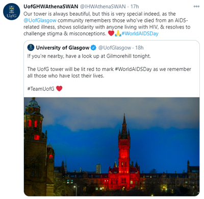 Photo of University of Glasgow tower lit up in red for World AIDS Day