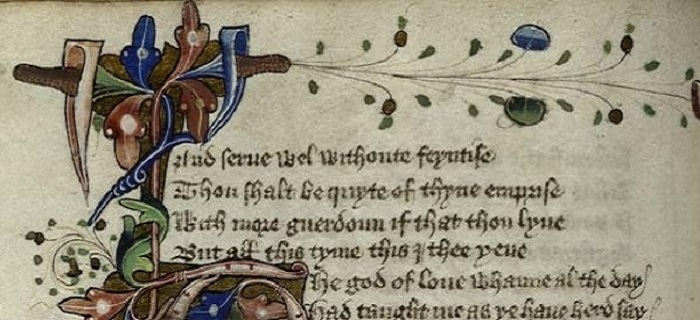 Romaunt of the Rose, ref: MS Hunter 409 (V.3.7), fol 57v.