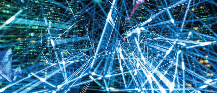Conected data over cityscape at night