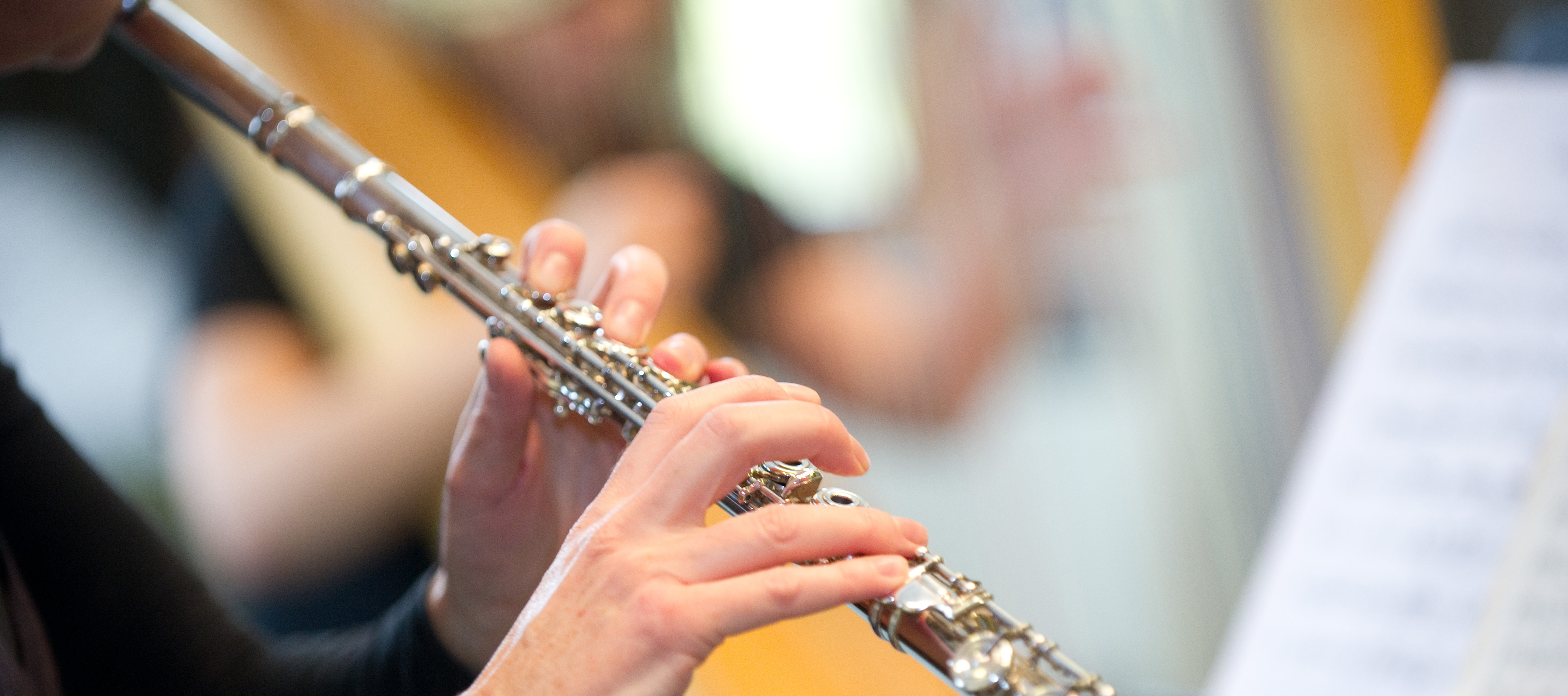 Music students perform on flute and harp