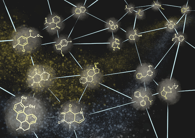 An abstract scene of assorted molecules floating in space