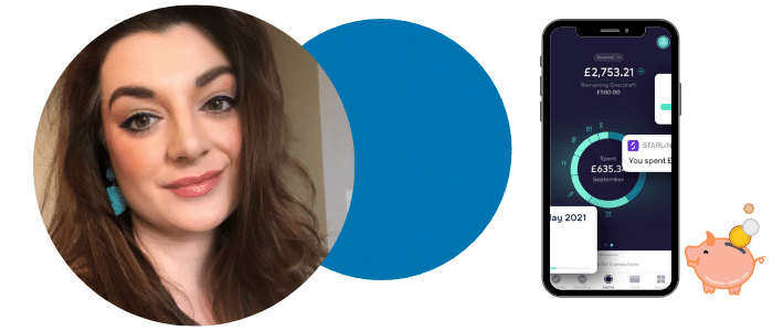 A photo of a person and an image of the Starling Bank app