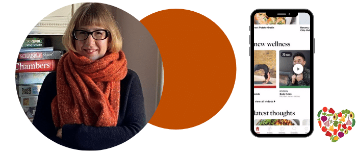 A person wearing a lovely orange scarf and an image of the Deliciously Ella app