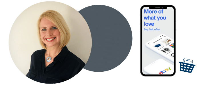 A person, smiling, with a mobile showing the Ebay app
