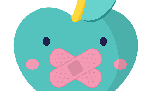 Comic green apple face with plasters over mouth