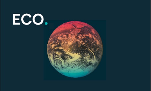 Image of the planet red and green on a black space background and the letters ECO