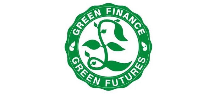 Green Finance Green Futures logo, pound sign in green with a green border