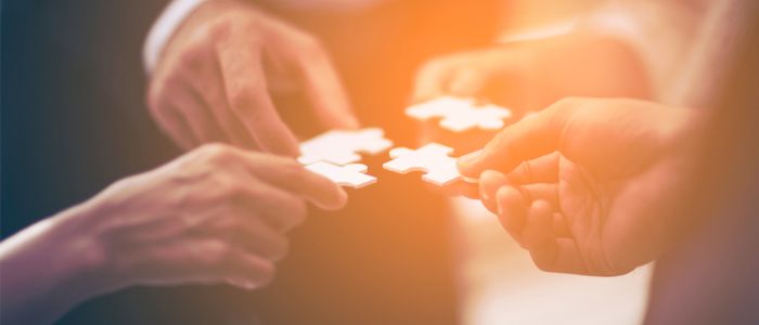 Image of four hands each holding a puzzle piece