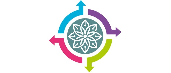 Multicoloured abstract pattern with flower in the centre and arrows pointing outwards