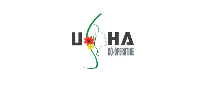 Usha logo black letters with green s in the shape of a woman's head