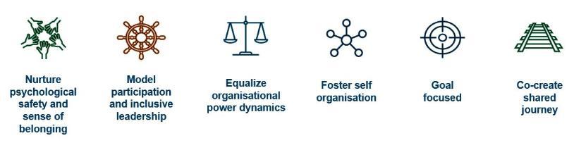 Examples of conditions of a set up process that will enable inclusion and participation in CoPs. Nurture psychological safety and sense of belonging; Model participation and inclusive leadership; Equalise organisational power dynamics; Foster self organisation; Goal focused; Cocreate shared journey